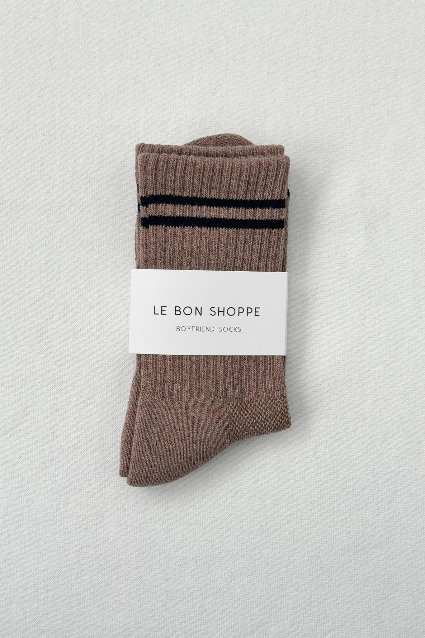 Le Bon Shoppe Boyfriend Socks in brown cotton blend with black stripes on white background