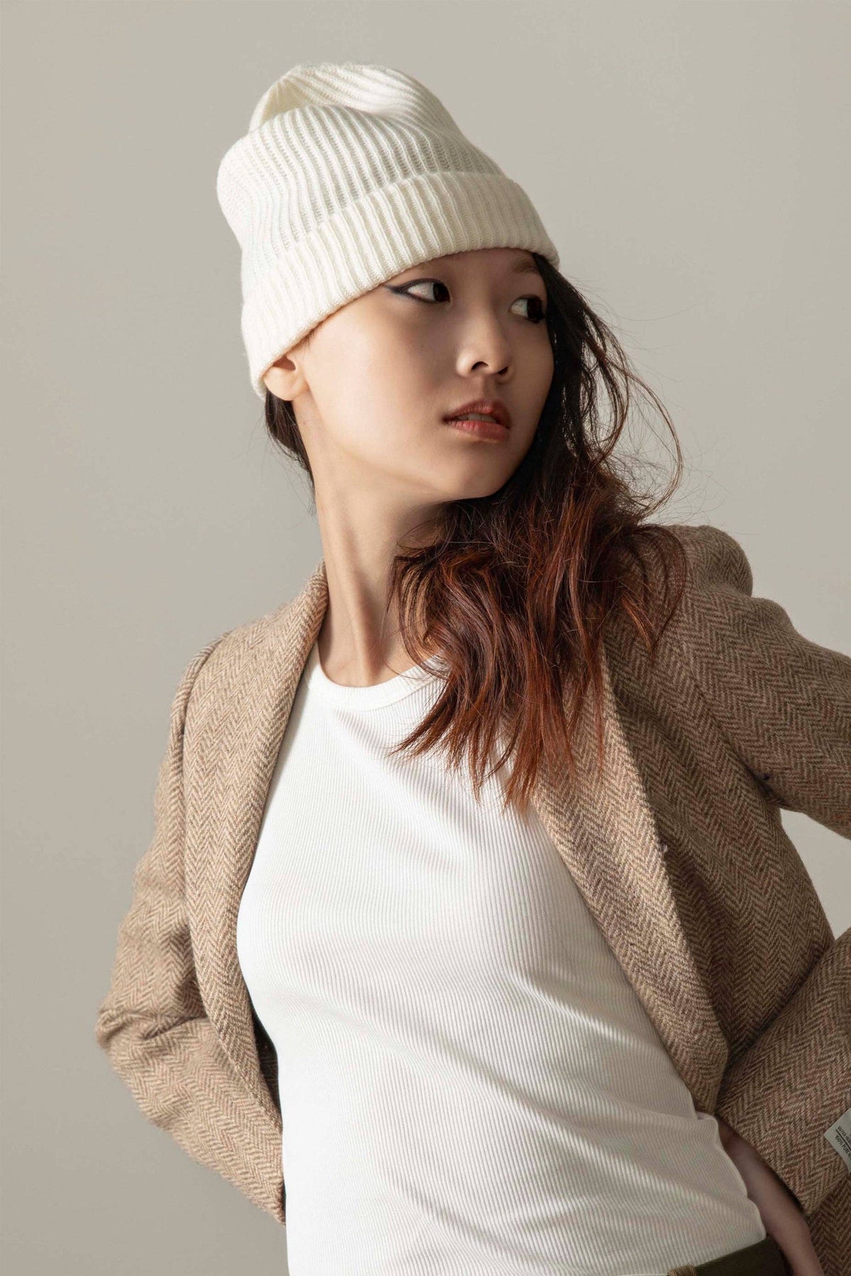 Kiltane Cashmere Ribbed Beanie Hat - Soft White