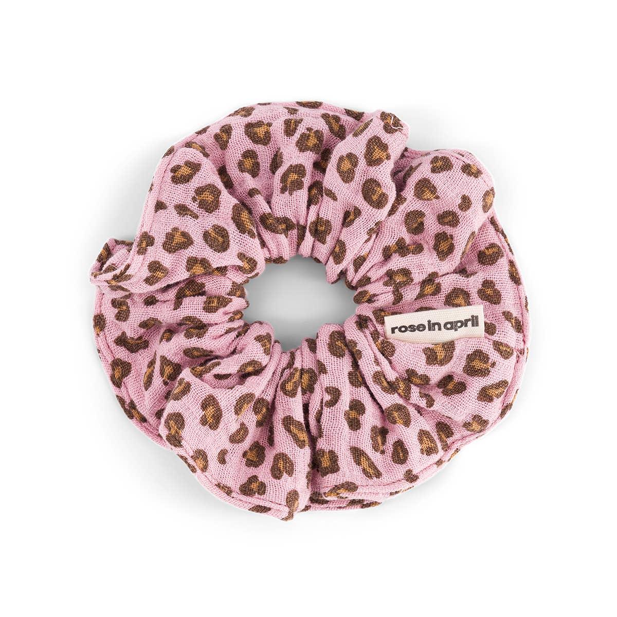 Rose in April pink leopard print cotton hair scrunchie with logo tag
