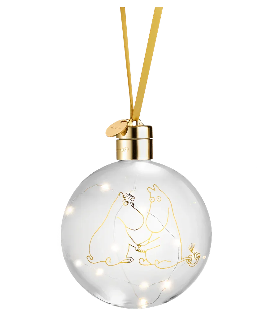 Moomin glass Christmas bauble by Iittala, clear with gold illustration and gold ribbon
