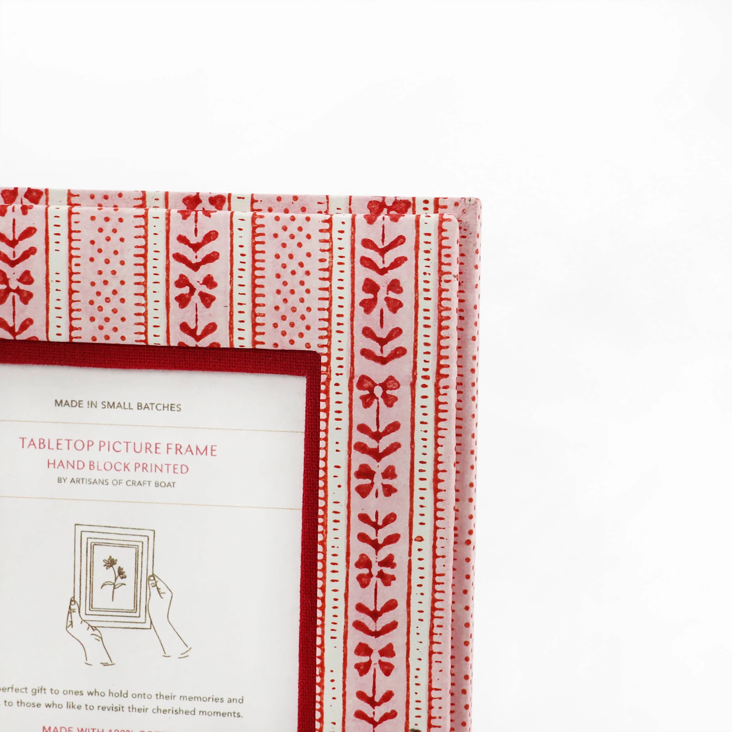 Craft Boat hand block printed tabletop picture frame, pink and red patterned cotton.
