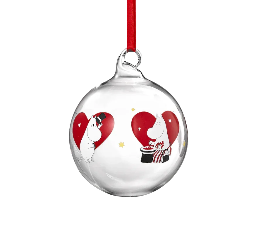 Muurla Moomin glass Christmas bauble with red hearts, white cartoon characters, red ribbon