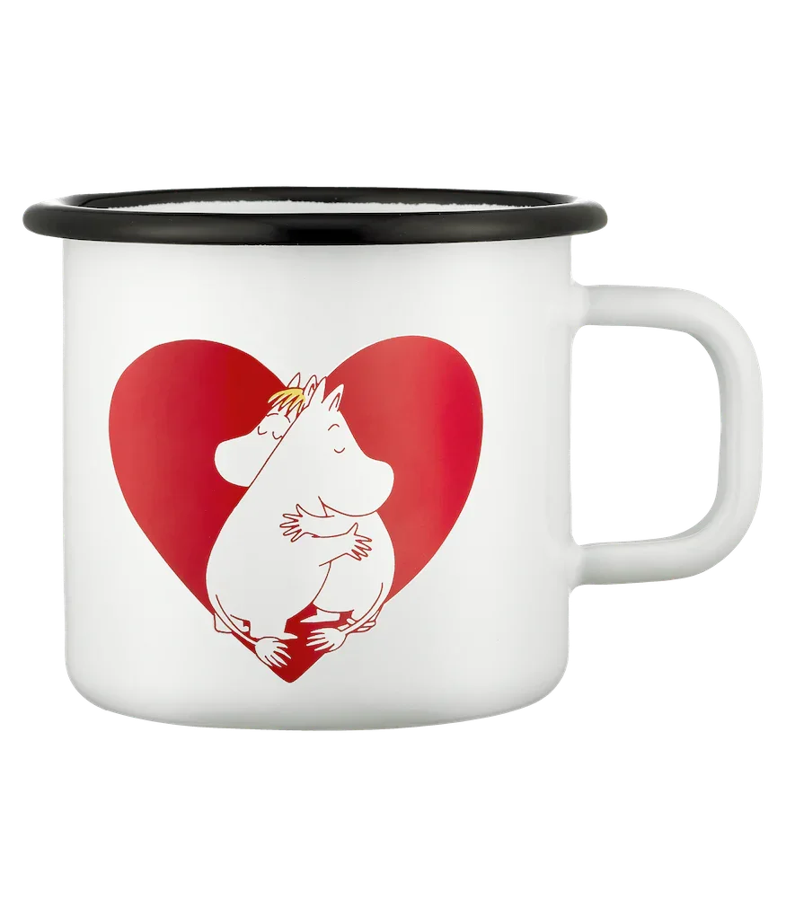 Moomin white enamel mug with black rim, hugging Moomins and red heart design