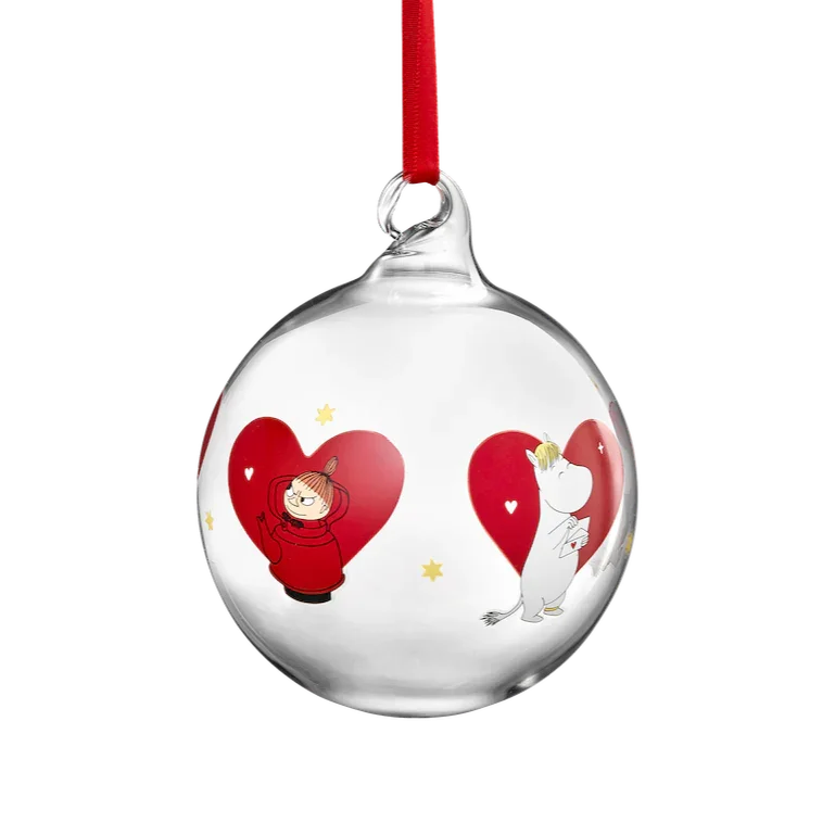 Muurla glass Christmas bauble with Moomin characters, red hearts, and a red ribbon
