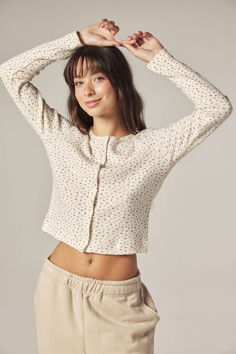 Romantic Button-down short cardigan: Cream/Navy / Floral / XS/S