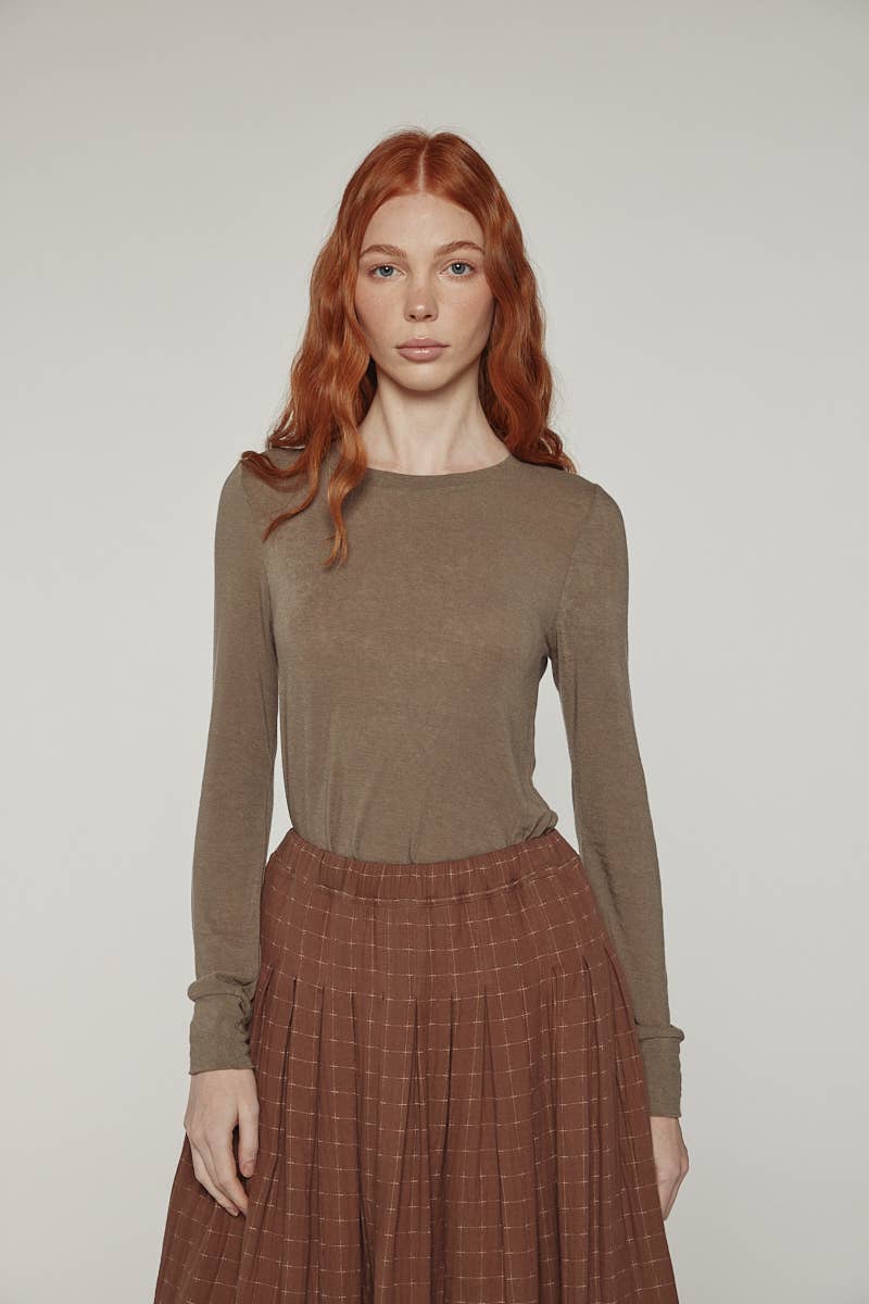 Wool blend lightweight knit top: Brown / Solid / XS/S