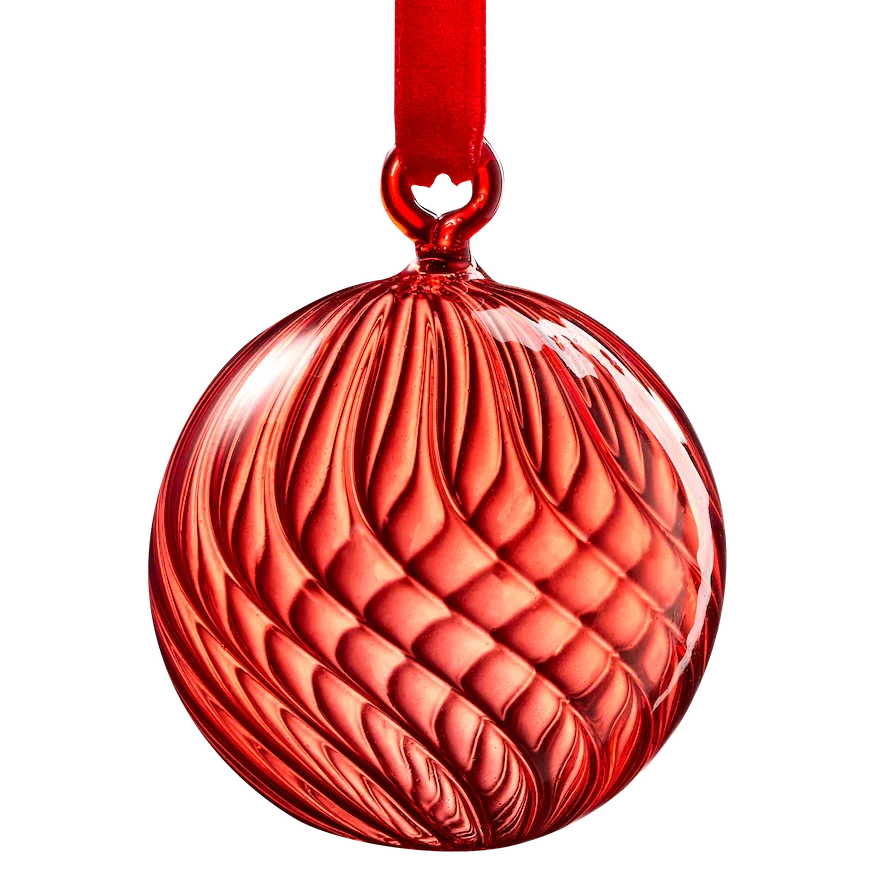 LSA International red glass Christmas bauble with swirl pattern and velvet ribbon
