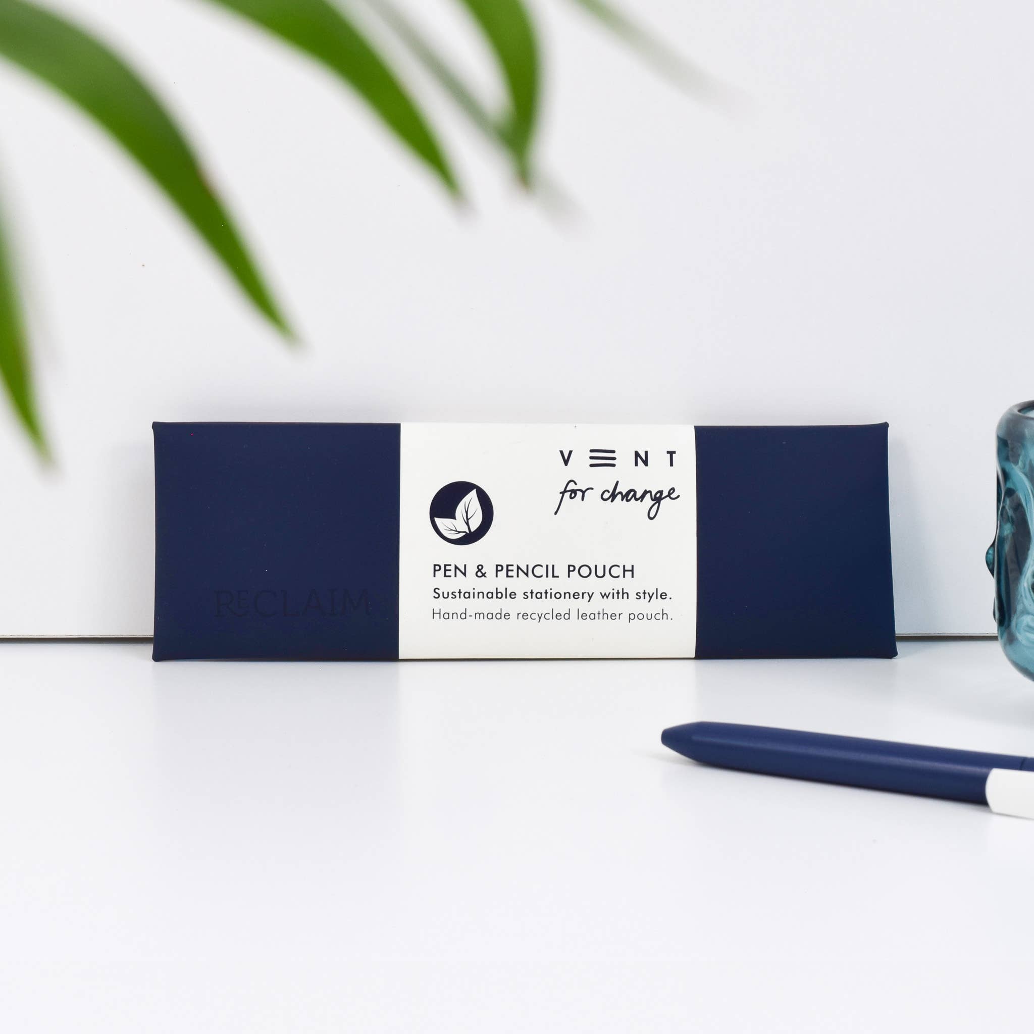 Recycled Leather Pen & Pencil Case | Handmade | Navy Blue