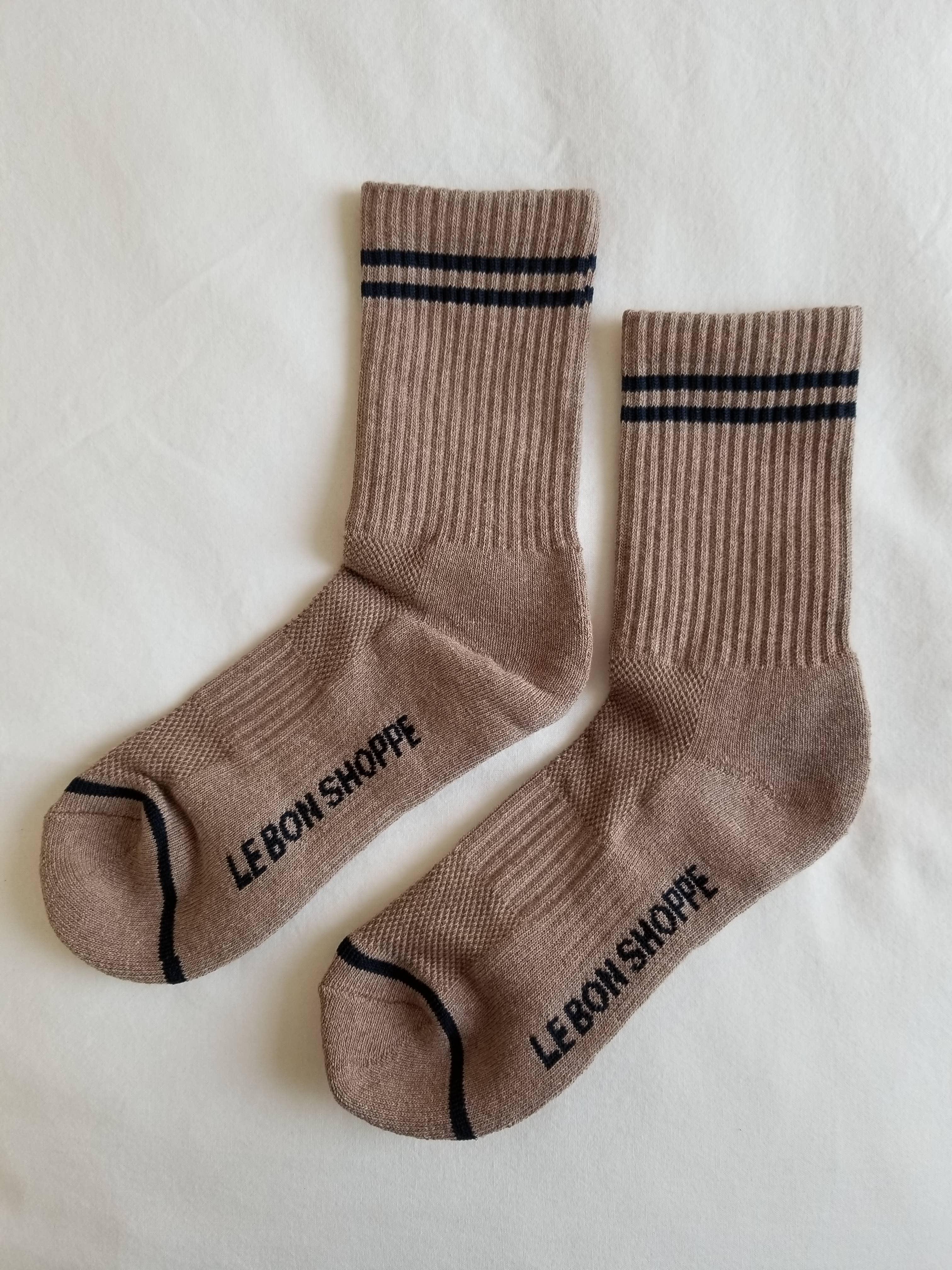 Le Bon Shoppe taupe cotton socks with black stripes and branding on white background