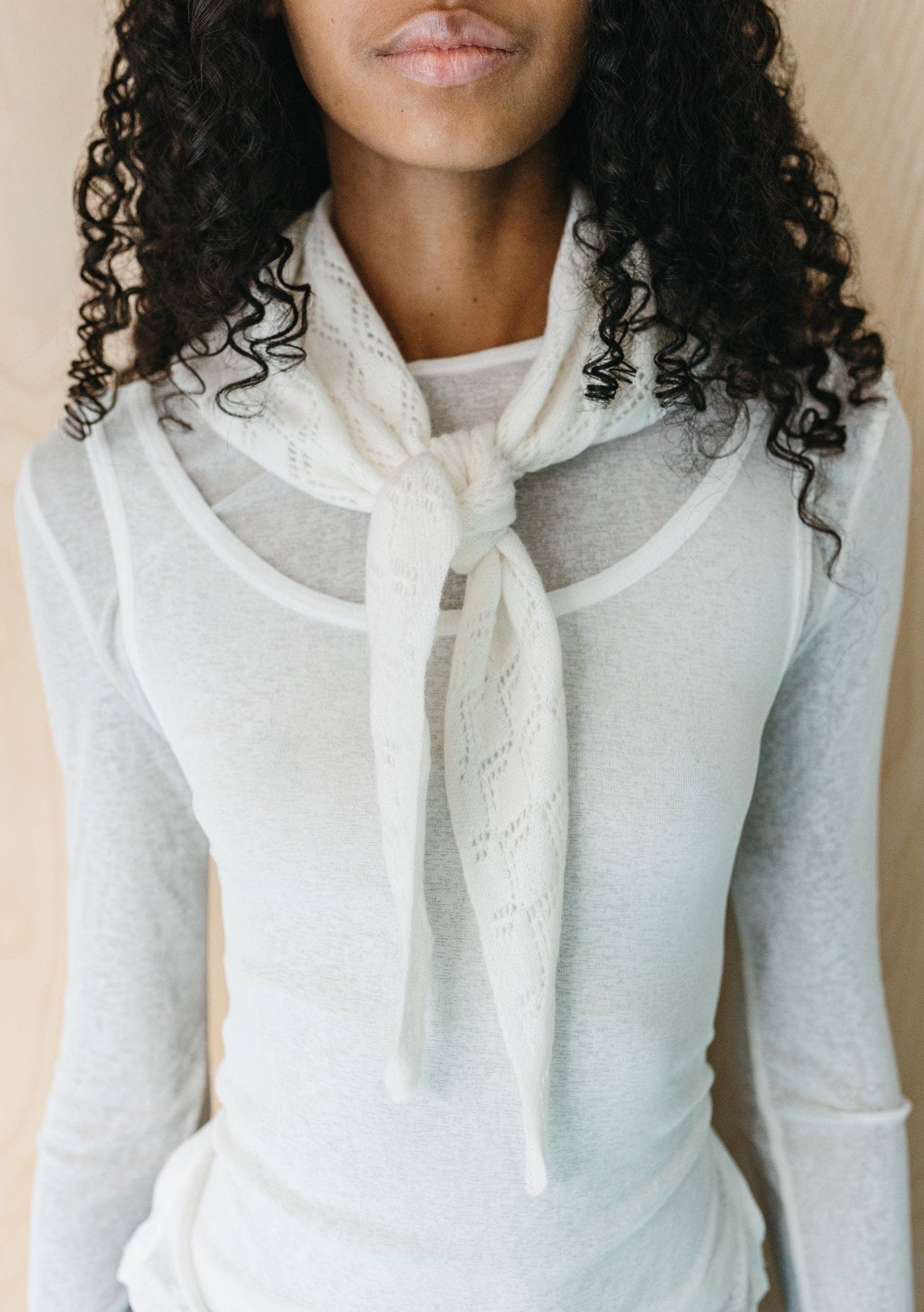 Merino Wool Triangle Scarf in White Pointelle