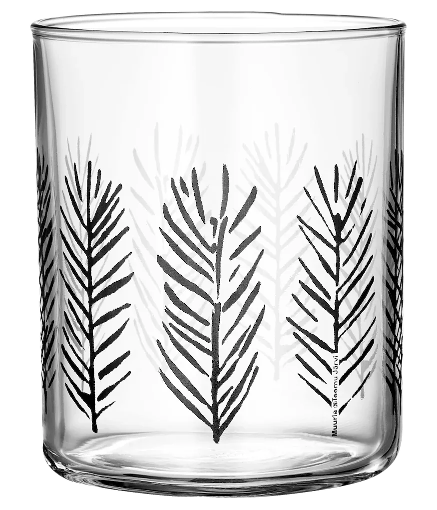 Iittala glass tealight holder with black pine tree pattern, clear premium glass.