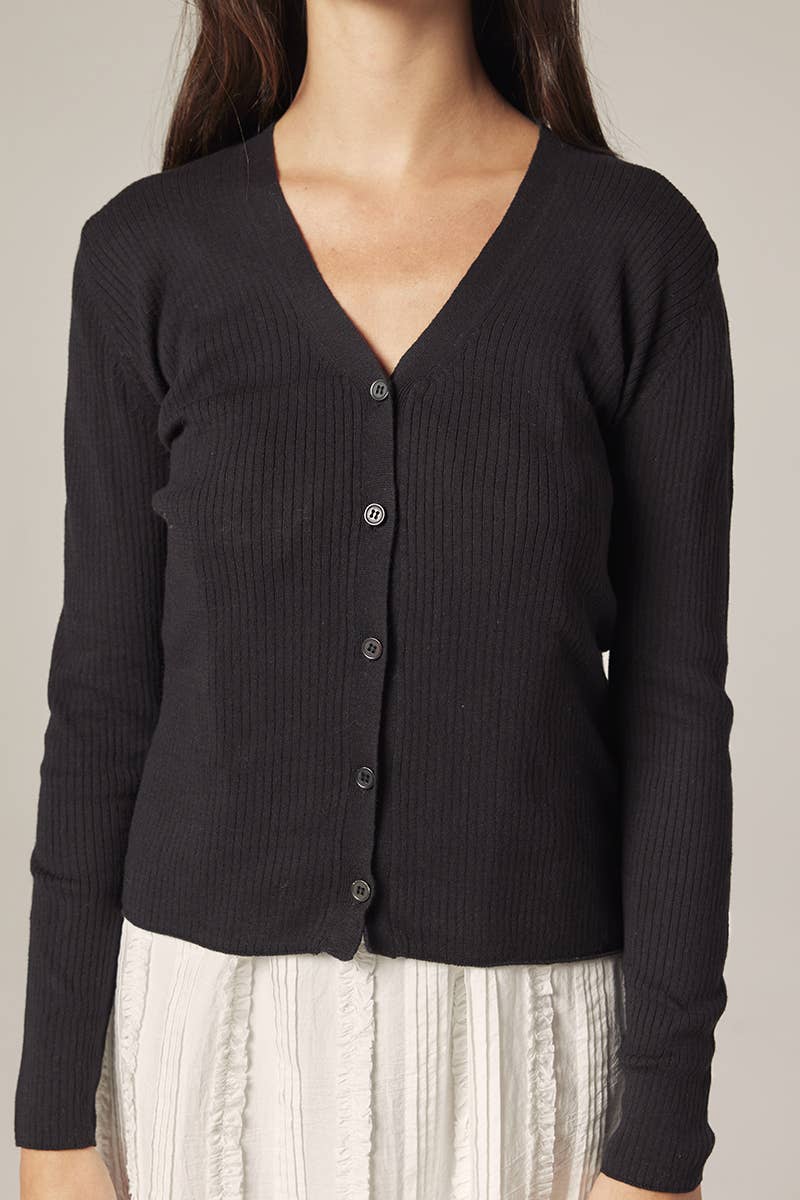 V-neck cotton line rib cardigan: Black / Solid / XS/S